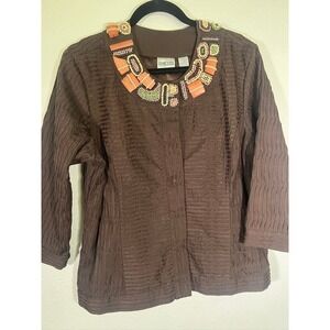 Chico's Beaded Jacket‎ Brown Textured Artwear Boho Tribal Size 2 / L /XL